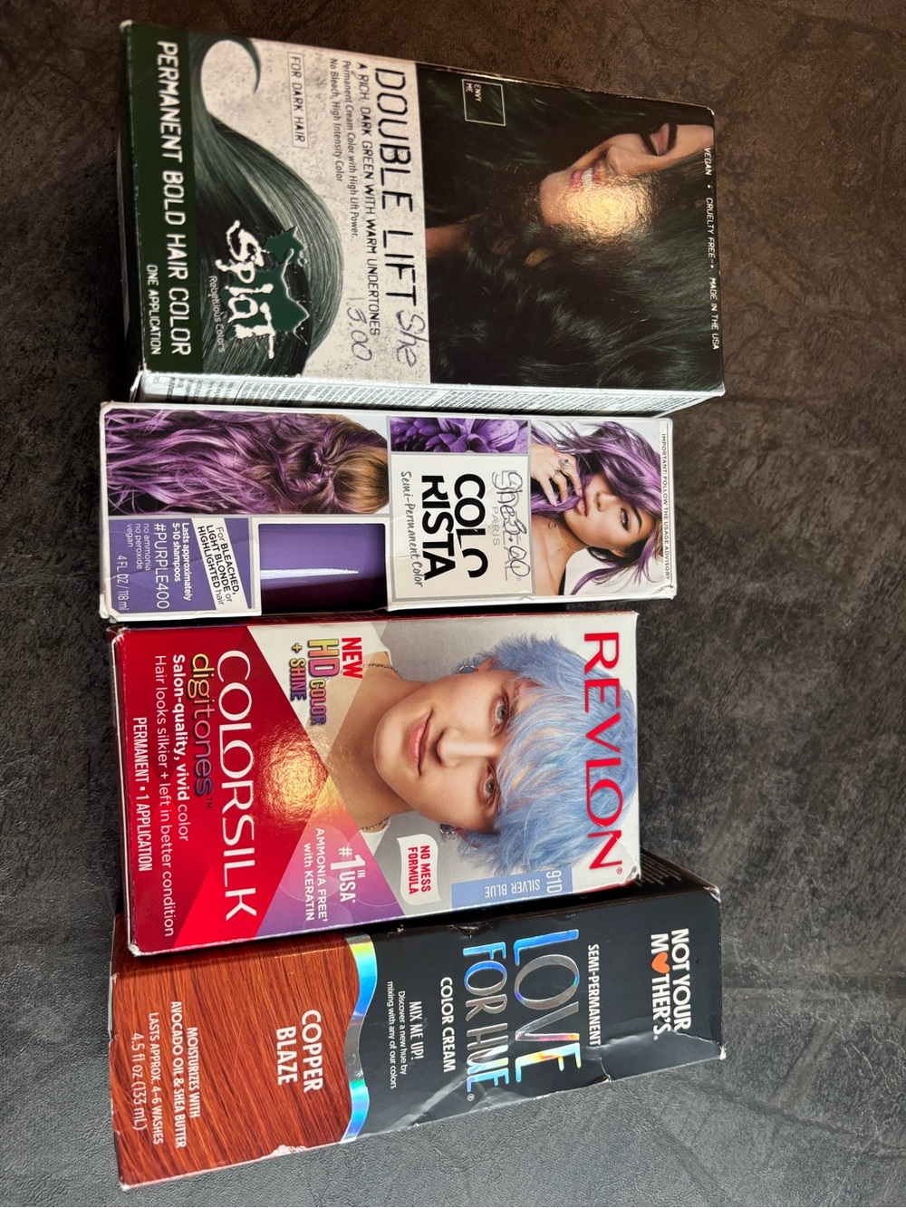 Colorsilk Super Blue + Assorted Fashion Hair Dyes, damaged boxes minus green